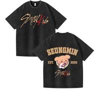 NCTCITY Homme Femme T-Shirt en Coton Tee Shirt Manches Courtes Unisexe Délavé Vintage Harajuku Chemise Tops Stray Kids Mignon Imprimé BangChan Lee Know Changbin Hyunjin Han Felix Seungmin I.N