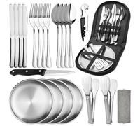 NCTNCX Couverts Camping 4 Personnes, 22 pièces Vaisselle Camping Ensemble, Couverts de Camping avec cuillère, Fourchette, Couteau, Clip pour Assiette, Chiffons de Nettoyage pour Pique-Nique, Voyage