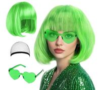 NCTNCX Perruque verte, Courte avec filet à cheveux et lunettes colorées, perruque verte pour femme, pour carnaval, fête à thème, décorations d'Halloween