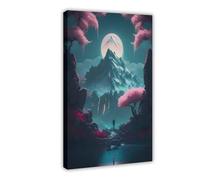 NDGSA Poster sur toile Surreal Fantasy Night Time Neon Moon Mountain 1 - Décoration murale pour salon, chambre à coucher - 40 x 60 cm