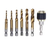NDNCZDHC 7Pcs/Set Spiral Combination Drill and Tap Bit Set with Chuck, HSS 1/4in M3 to M10 Hex Shank Taps Drill for Tapping (Titanium coated tap)