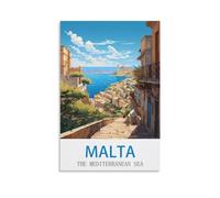 Ndoud Poster de voyage vintage Malte Méditerranée - 20 x 30 cm - Impression sur toile pour salon - Décoration d'intérieur