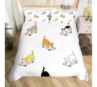 NDXRWDZR Parure de Lit 220x240 Adulte Chat De Skateboard Blanc Housse de Couette 2 Personnes avec Fermeture Éclair Confortable Respirant Microfibre Housse de Couette et 2 Taie d'oreiller 65x65 cm