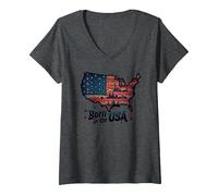 Né aux États-Unis T-Shirt avec Col en V, Femme, Chiné Foncé, S