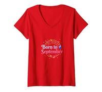 Né en Septembre : fête d'anniversaire d'automne T-Shirt avec Col en V, Femme, Rouge, S
