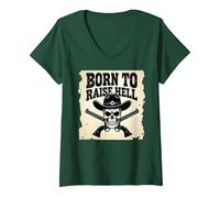 Né pour semer l'enfer : Cowboy Skull Outlaw Rebel Attitude T-Shirt avec Col en V, Femme, Vert Forêt, L
