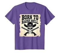 Né pour semer l'enfer : Cowboy Skull Outlaw Rebel Attitude T-Shirt, Enfant, Violet Chiné, 6 Ans