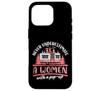 Ne sous-estimez jamais une femme avec un camping pop-up Coque pour iPhone 16 Pro