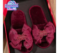 (Ne Veux Pas Porter, Appelle Ma Série Père) Pantoufles de célébration de mariage de style chinois, nouvelles pantoufles plates rouges et noires moelleuses conçues spécifiquement pour les femmes CN36-3