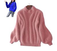 Nearflying Pull d'hiver en cachemire mélangé angora pour femme - Pull chaud et ample - Couleur unie - Col rond - Pull moelleux, rose, Taille Unique