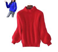 Nearflying Pull d'hiver en cachemire mélangé angora pour femme - Pull chaud et ample - Couleur unie - Col rond - Pull moelleux, Rouge, Taille Unique