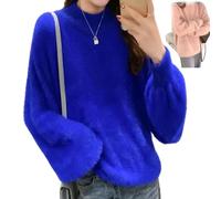 Nearflying Pull d'hiver en cachemire mélangé angora pour femme - Pull chaud et ample - Couleur unie - Col rond - Pull moelleux, bleu, Taille unique