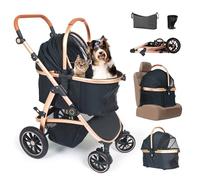 Neatki Poussette de luxe 3 en 1 multifonction pour chats et chiens avec porte-gobelet, pochette pour accessoires, système de freinage, coussin amovible et sangle de ceinture de sécurité (noir/doré)
