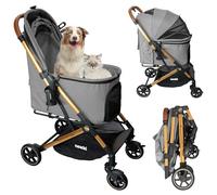 Neatki Poussette pliable pour chien et chat, 70x50x103 cm, Capacité de 15 kg, roues avant pivotantes à 360°, pliage en un clic, frein, clips de laisse/sécurité, rembourrage lavable (gris)