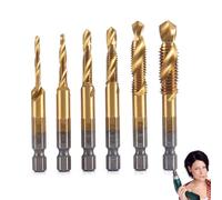 Neattidyly 3 in 1 Spiral Tap Hex Shank Drill Bit Set, M3-M10 Size Professional Thread Tap Drill Bit Set for Quick Change Impact Drivers (Gold long)