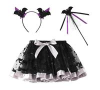 NEAWEALY Costume de chauve-souris pour enfant fille - Jupe en tulle - Serre-tête Magic Stick - Costume d'Halloween et de carnaval - Noir - 6-8 ans