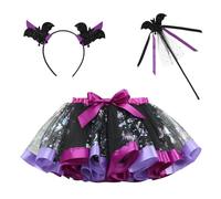 NEAWEALY Costume de chauve-souris pour enfant fille - Jupe en tulle - Serre-tête Magic Stick - Halloween - Carnaval - Violet pastel - 6-8 ans