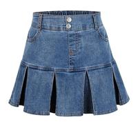 NEAWEALY Jupe en jean pour fille avec pantalon - Jupe d'été vintage plissée baggy - Taille haute - Mini jupe trapèze - Jupe d'été, c-bleu, 4-5 ans