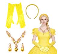 NebulaGlam 4PCS Accessoires de Costume de Princesse Belle pour Femme, Costume de Belle pour Femme, Bandeau Jaune, Gants à Manches Longues, Boucles d'oreilles, Collier, pour Carnavals et Fêtes à Thème