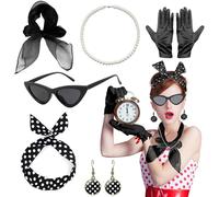 NebulaGlam 6 Pièce Années 50 Femmes Costume, Années 50 Costume Accessoires, Kit de Années 50 Femmes Costume Accessoires, pour Soirée de Déguisement Fête Party Carnaval (Noir)