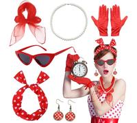 NebulaGlam 6 Pièce Années 50 Femmes Costume, Années 50 Costume Accessoires, Kit de Années 50 Femmes Costume Accessoires, pour Soirée de Déguisement Fête Party Carnaval (Rouge)