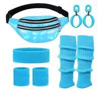 NebulaGlam 80 Deguisement Disco Femme, Disco Costume Vetement Fête, Déguisement Annees 80 Accessoire Femme, Costume Femme des Années 80 avec Sac Banane, Jambières, Bandeau, Bracelets (Bleu)