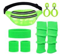 NebulaGlam 80 Deguisement Disco Femme, Disco Costume Vetement Fête, Déguisement Annees 80 Accessoire Femme, Costume Femme des Années 80 avec Sac Banane, Jambières, Bandeau, Bracelets (Vert Fluo)