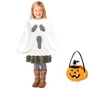 NebulaGlam Déguisement Fantôme d'Halloween pour Enfant, Deguisement Fantome Enfant, Costume de Fantôme Blanche avec Sac de Citrouille, Costumes d'Halloween pour Enfants