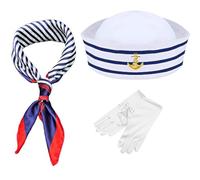 NebulaGlam Ensemble de Costume Capitaine Marin, 3 Pièces Ensemble Chapeau et Gants Écharpe de Marin à Rayures, Casquette de Navire de Marin, Taille Unique, pour Halloween Les Rave Parties (A)
