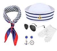 NebulaGlam Ensemble de Costume Capitaine Marin, 5 Pièces Ensemble Chapeau et Boucles D'oreilles + Lunettes de Soleil+Gants + Écharpe de Marin à Rayures, Taille Unique, pour Halloween Les Rave Parties