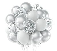 NEBURORA Ballons de Confettis Blancs et Argentés 60pcs 12 pouces Ballons de Confettis Argentés Métalliques Blancs pour Mariage Fiançailles Anniversaire Baby Shower Décorations de Fête