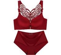 Necalisi Ensemble Soutien-Gorge Ouverture Devant Vin Rouge Soutien-Gorge à Couverture Complète en Microfibre Femme sans Armatures Rembourré Brassiere 110D