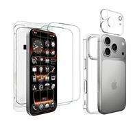 NECGNIQ Coque transparente pour iPhone 17 Pro avec protecteur d'écran et protection d'objectif d'appareil photo, film en verre trempé dureté 9H avec boîte anti-poussière (lot de 2 + 1) transparent