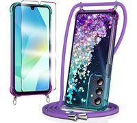 Necklace Case Compatible With Samsung Galaxy A26, With Tempered Glass Screen Protector Liquid Glitter Shockproof Silicone Cover With Cord Neck Strap Case Purple