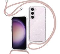 Necklace Glitter Case For Samsung Galaxy S23 5g With Cord, Transparent Glitter Tpu Bumper Silicone Case With Chain Lanyard Case Compatible With Samsung Galaxy S23 ¿ Rose Gold