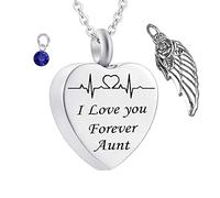 Necklaces for Human Ashes,Heart with Angel Wing Birthstone and ECG Engraving I Love You Forever Aunt Stainless Steel Pendant Urn Necklace Urns