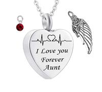 Necklaces for Human Ashes,Heart with Angel Wing Birthstone and ECG Engraving I Love You Forever Aunt Stainless Steel Pendant Urn Necklace Urns