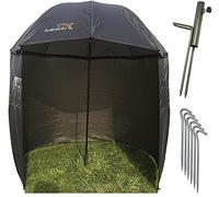 NECO 15021 Parapluie de pêche, diamètre 220 cm, cape, support parasol, piquets, protection pluie, vent, UV, 2 hommes, bagages carpe, étui gratuit