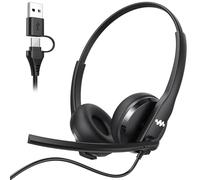 Necode Casque USB avec microphone pour PC, ordinateur portable filaire avec microphone antibruit, casque de travail avec micro pour bureau à domicile, équipes Zoom (USB-A et C) - Noir