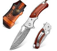 NedFoss HERON Couteau pliant Damas, Lame de 7 cm en 67 couches d'acier vg10, Manche en santal précieux, Etui en cuir épais, avec clip ceinture, Idéal pour collectionner, offrir, chasser