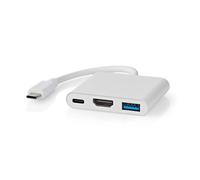 Nedis Adaptateur USB multi-ports - 3 en 1 - USB 3.2 Gen 1 - USB-C mâle - Sortie HDMI / USB-A femelle / USB-C femelle - 5 Gbps - 0.10 m - rond - nickelé - PVC - blanc - boîte