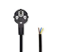 Nedis Câble d'alimentation, fiche de Contact de Protection, Ouvert, coudé, Droit, nickelé, 2 m, Rond, PVC, Noir, étiquette