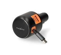 Nedis Chargeur de Voiture 60 W avec câble USB-C rétractable, PD3.0 USB-C et USB-A avec Alimentation de 30 W, sélection Automatique de la Tension et PPS, 12 V ou 24 V - Gris foncé