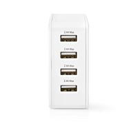 Nedis Chargeur Secteur - 2 x 1 A / 2 x 2,4 A - Type de Port : 4 x USB-A - 24 W - Sortie Unique - PC - Blanc