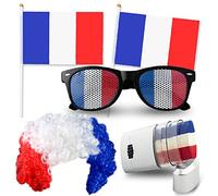nedit Kit Supporter France | Bleu Blanc Rouge | Drapeau France | Couleur tricolore | Kit Supporter France | Stick Foot France | Allez les Bleus (4 Accessoires, Perruque/Lunettes/Maquillage/Drapeau)