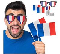 nedit Kit Supporter France | Bleu Blanc Rouge | Drapeau France | Couleur Tricolore | Kit Supporter France | Stick Foot France | Allez Les Bleus (1 Kit, Lunettes/Maquillage/Drapeaux)