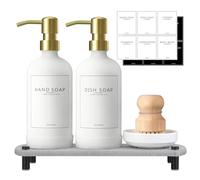 NEECZS Distributeur de Savon de Cuisine avec Plateau à séchage instantané, 473,6 g - Distributeur de Savon à Vaisselle en Verre Blanc - Pompe en Acier Inoxydable - Étiquettes étanches et Brosse à