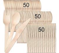 NEEDFULON 150 pièces ensemble de couverts jetables en bois écologiques biodégradables et compostables, cuillères profondes, fourchettes solides, couteaux tranchants.