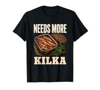 Needs More Kilka Poisson en Conserve Sprats Humour culinaire T-Shirt Graphique avec Valeur, Homme, Noir, S