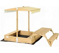 needs&wants® Bac à sable en bois avec table de pique-nique et toit, bancs et couverture, bac à sable pour enfants avec couvercle rabattable, protection UV, bac à sable carré pour jardin et aire de